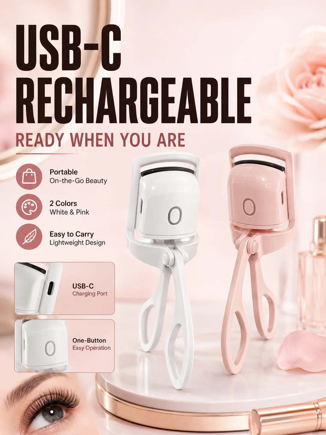 USB-C rechargeable heated eyelash curler in pink and white