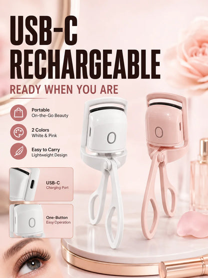 USB-C rechargeable heated eyelash curler in pink and white