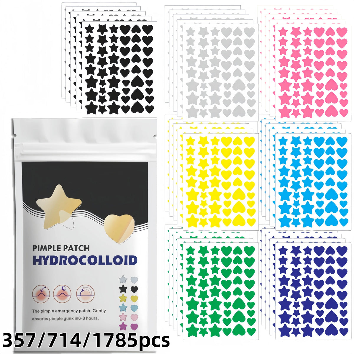 Rainbow star and heart hydrocolloid pimple patches 714 pack