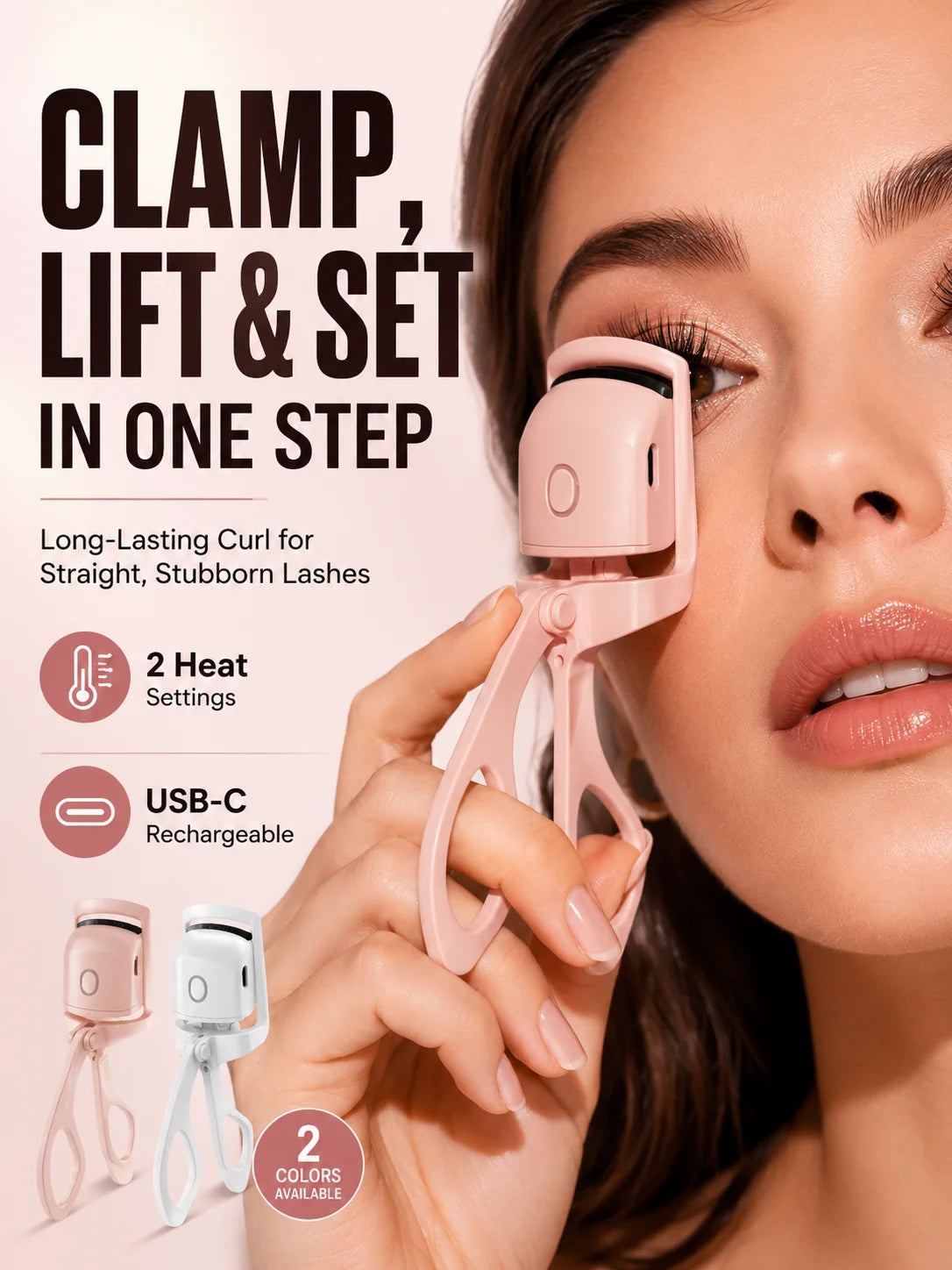 Heated eyelash curler with 2 heat settings: clamp, lift and set